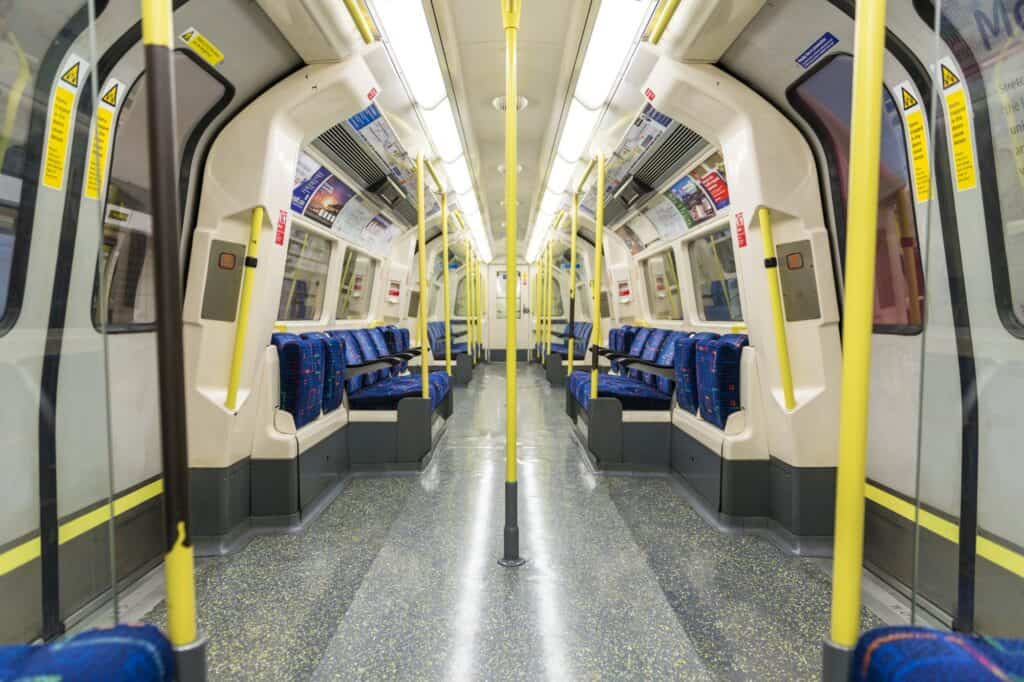 Interior of an empty Northern Line Underground train