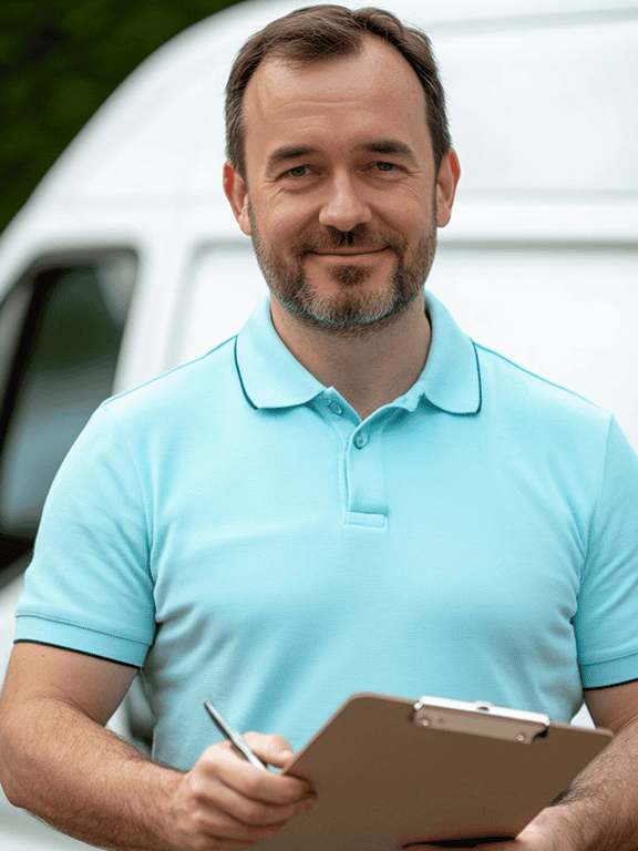 man in blue polo shirt smiling and holding a clipboard