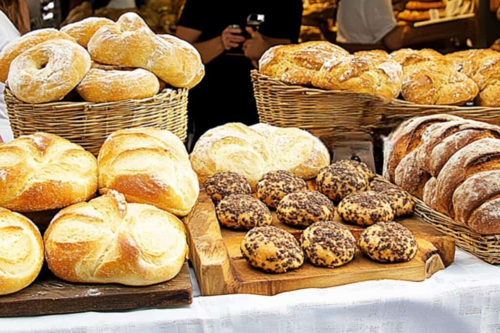 Freshly baked bread and pastries in a Sunday market
