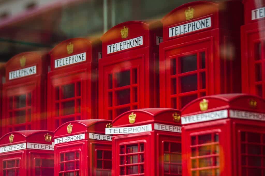Mini London phone boxes in a souvenir shop