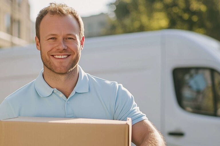 A man and van in light blue polo shirt carrying a box with the van in the background in the concept of 'differences between man and van and traditional removals'.