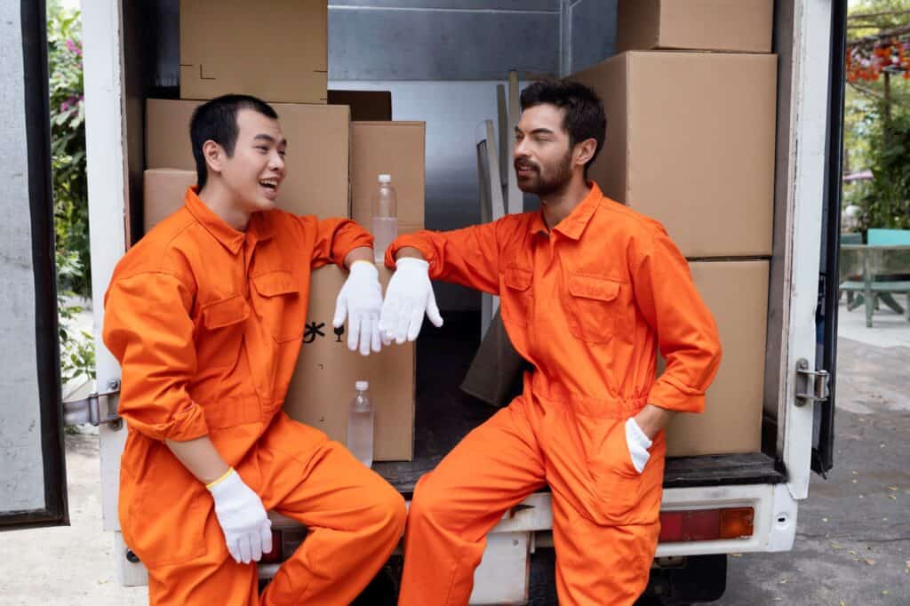 Professional movers at the back of the truck full of cardboard