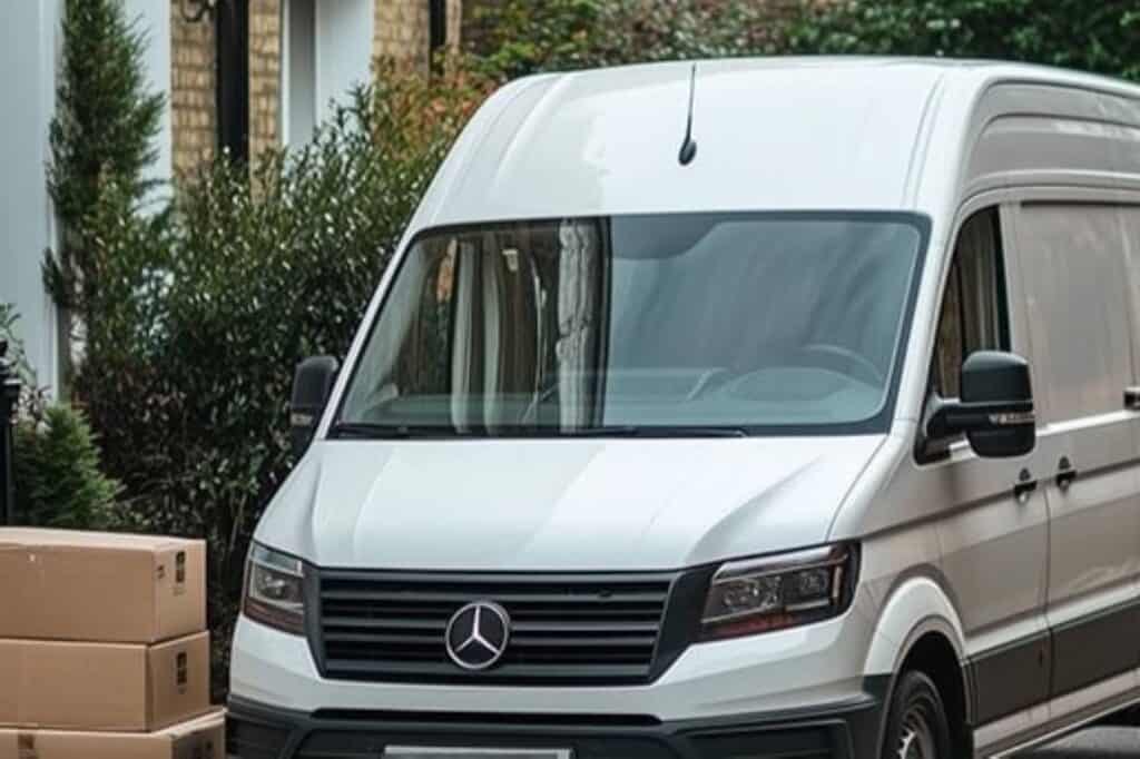 White van parked outside a townhouse