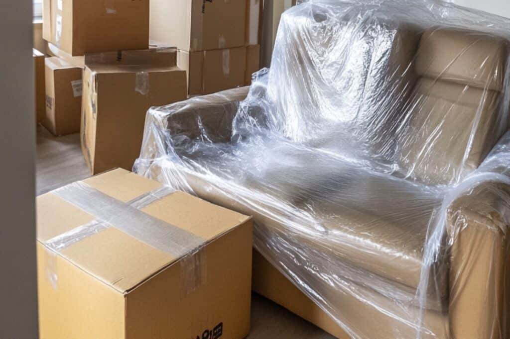 A sofa wrapped with cling film and moving boxes ready for the move
