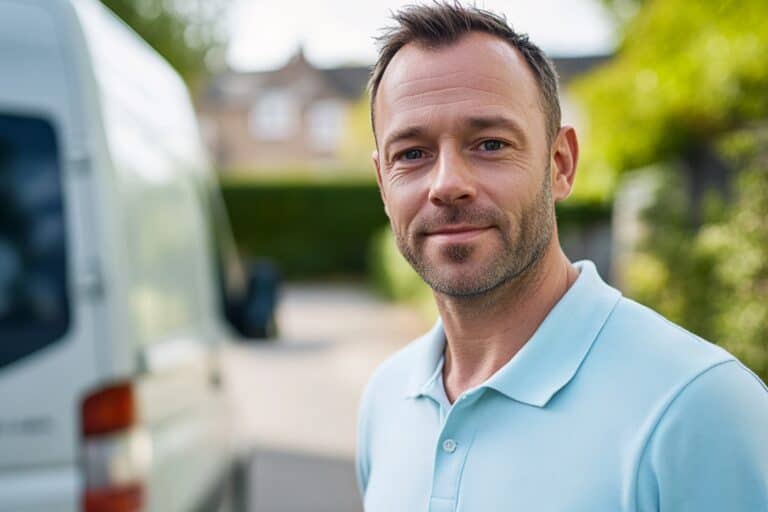 A Man and Van personnel outside a British townhouse on a moving day in the concept of 'What Factors Influence the Cost of a Man and Van Service'.