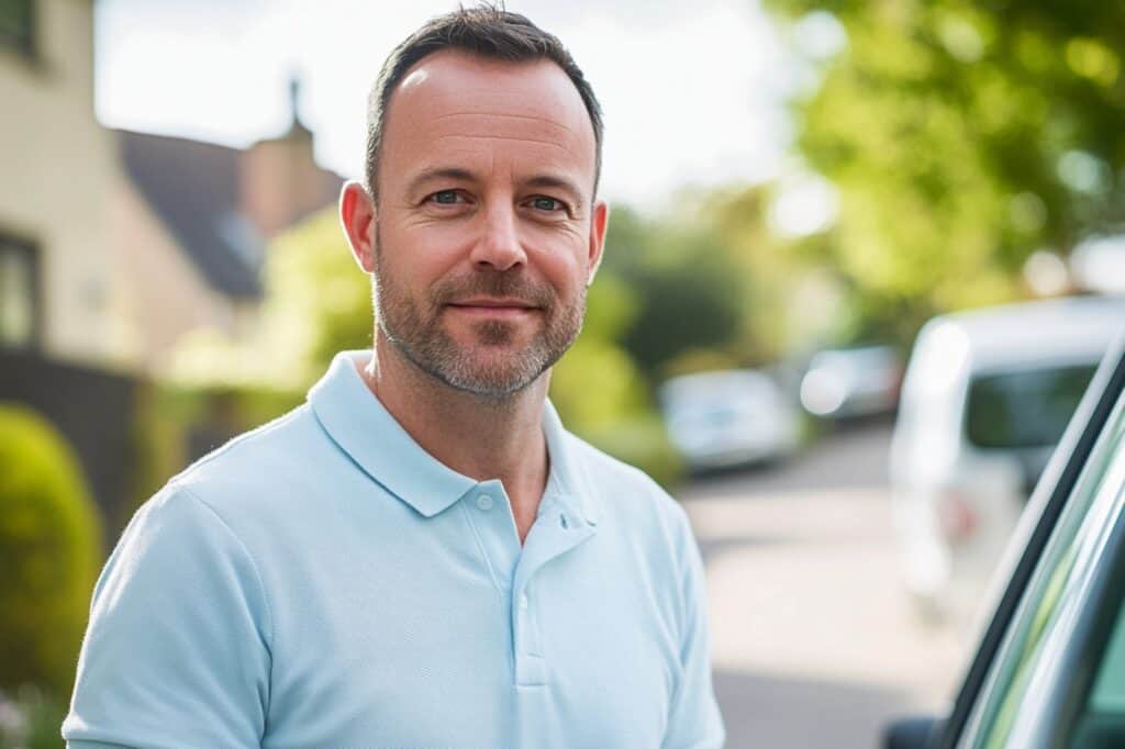 A man and van wearing a light blue polo shirt at the side of the van on a moving day
