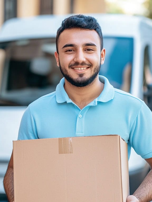 man wearing light blue polo shirt holding a cardboard box